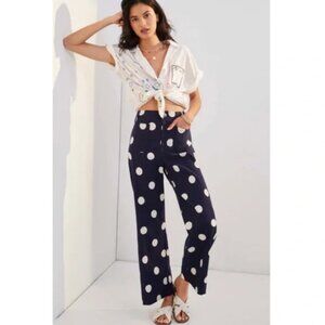 Maeve Anthropologie Colette Cropped Wide-Leg Pants Size 26 Floral Navy Polka Dot